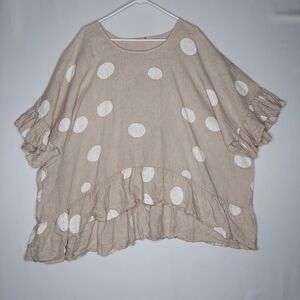 Lands Downunder Linen Top Women Plus‎ One Size Beige White Polkadot Ruffle Short